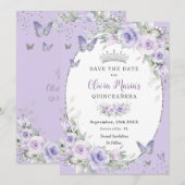Lavendel Paarse Bloemenvlinders Quinceañera Save The Date (Voorkant / Achterkant)