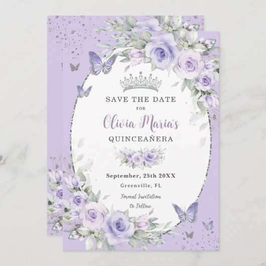 Lavendel Paarse Bloemenvlinders Quinceañera Save The Date (Voorkant / Achterkant)