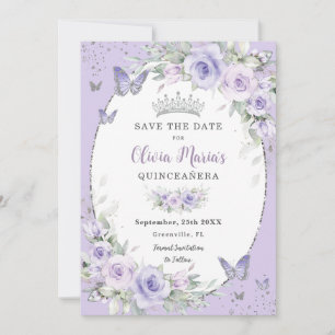 Lavendel Paarse Bloemenvlinders Quinceañera Save The Date