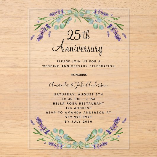 Lavendel paarse bloemetjes 25e trouwdag acryl uitnodigingen (Voorkant)