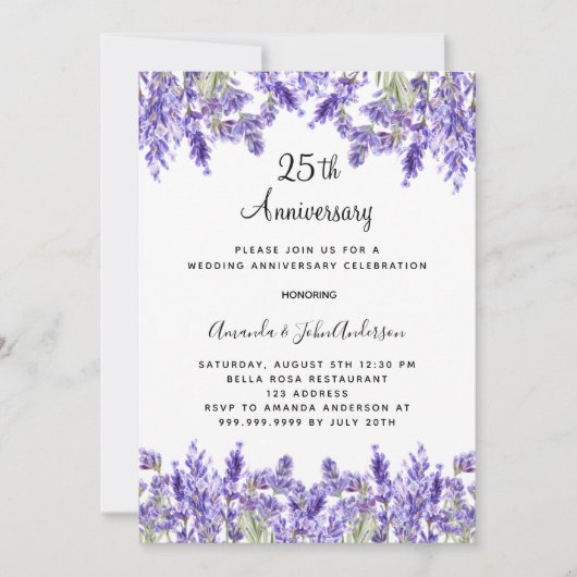 Lavendel paarse bloemetjes 25e trouwdag kaart (Voorkant)