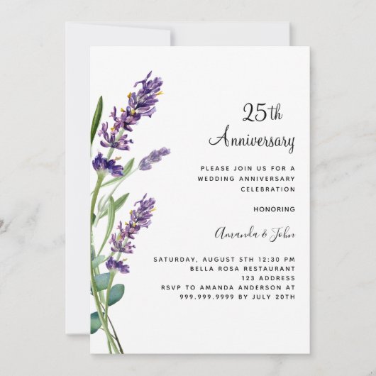 Lavendel paarse bloemetjes 25e trouwdag kaart (Voorkant)