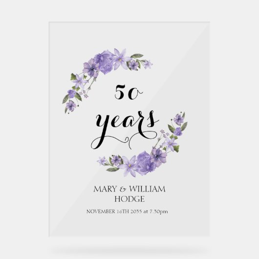 Lavendel paarse bloemetjes 50e trouwdag acryl bord (Voorkant)