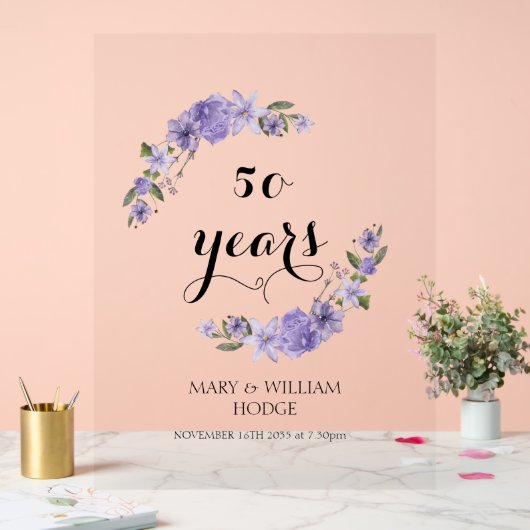 Lavendel paarse bloemetjes 50e trouwdag acryl bord (Huwelijk)