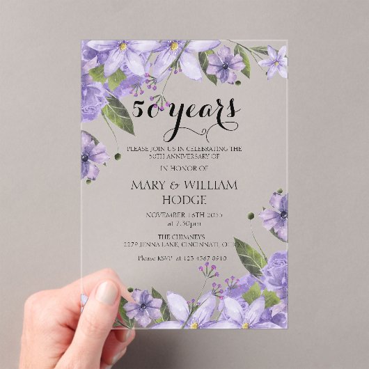 Lavendel paarse bloemetjes 50e trouwdag acryl uitnodigingen (Insitu (Draagbaar))