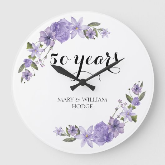 Lavendel paarse bloemetjes 50e trouwdag grote klok (Voorkant)
