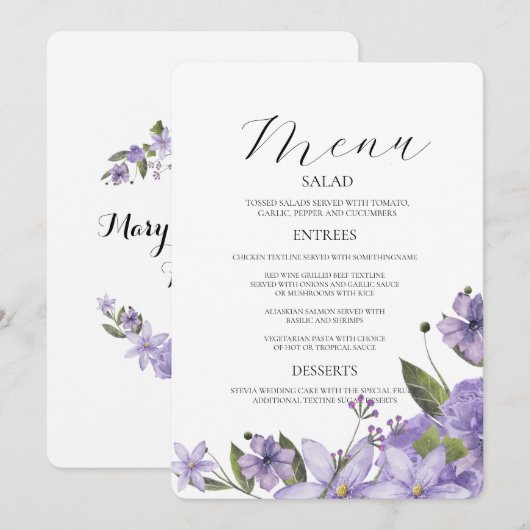 Lavendel paarse bloemetjes 50e trouwdag menu (Voorkant / Achterkant)