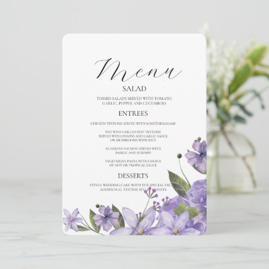 Lavendel paarse bloemetjes 50e trouwdag menu (Staand voorkant)