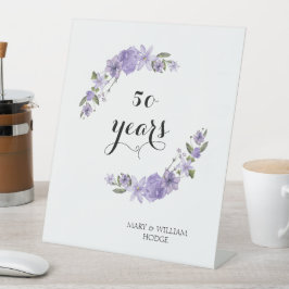Lavendel paarse bloemetjes 50e trouwdag reclamebord met voetstuk