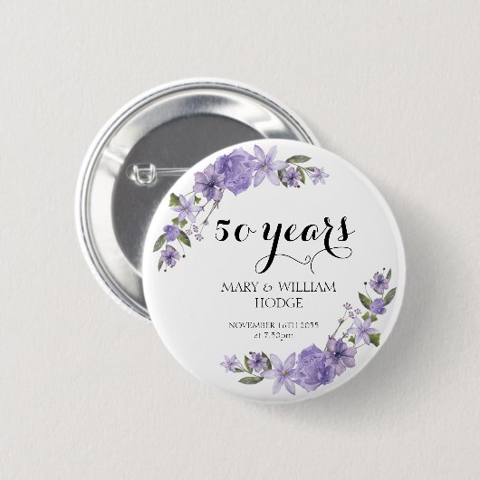 Lavendel paarse bloemetjes 50e trouwdag ronde button 5,7 cm (Voorkant /achterkant)