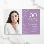 Lavendel Paarse bloemfoto 30e verjaardag Kaart<br><div class="desc">Bloemenlavendel paarse 30ste verjaardagsfeestuitnodiging met uw foto op de voorkant van de kaart. Elegant modern ontwerp met botanische overzichtstekeningen,  accenten en typografie script lettertype. Eenvoudige trendy uitnodigingskaart perfect voor een stijlvol vrouwen dagfeest. Kan worden aangepast aan elke leeftijd. Gedrukte Zazzle-uitnodigingen of direct download digitale afdrukbare sjabloon.</div>