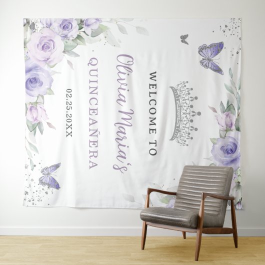 Lavendel Paarse Bloemige Quinceañera Bruids Welkom Wandkleed (In Situ (horizontaal))
