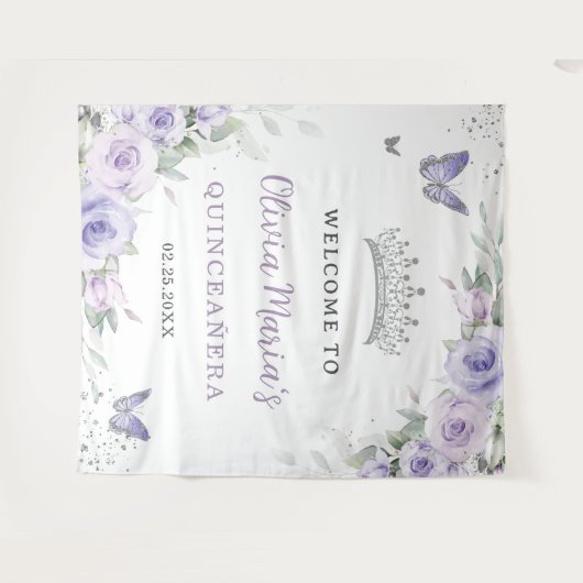 Lavendel Paarse Bloemige Quinceañera Bruids Welkom Wandkleed (Voorkant (horizontaal))