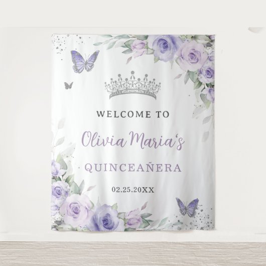 Lavendel Paarse Bloemige Quinceañera Bruids Welkom Wandkleed (Voorkant)