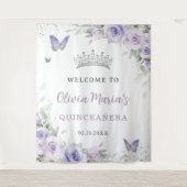 Lavendel Paarse Bloemige Quinceañera Bruiloft Welk Wandkleed (Voorkant)