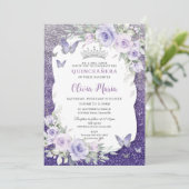 Lavendel Paarse Bloemige Vlinders Quinceañera Kaart (Staand voorkant)