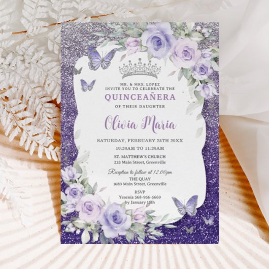 Lavendel Paarse Bloemige Vlinders Quinceañera Kaart