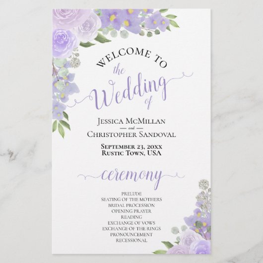 Lavendel Paarse Boho Floral Budget Bruiloft Progra (Voorkant)