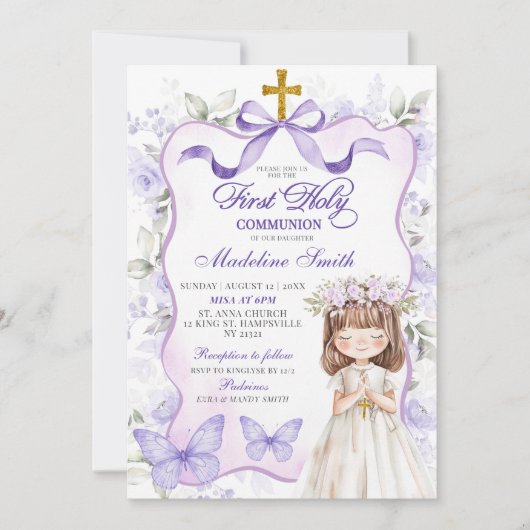 Lavendel Paarse Boog Coquette Eerste Heilige Commu Kaart (Voorkant)