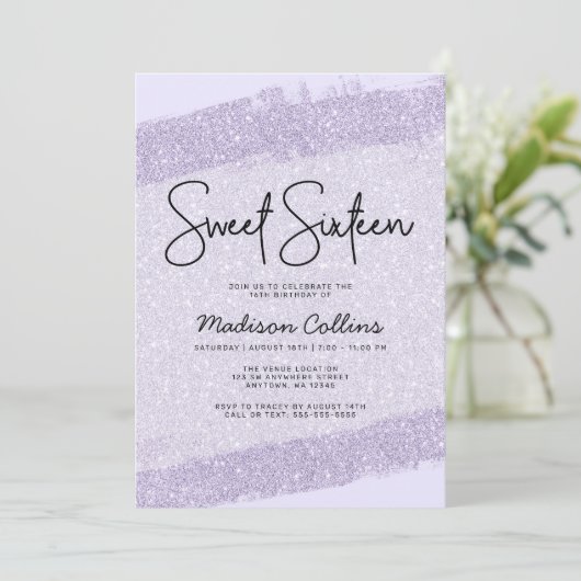 Lavendel Paarse Borstel Glitter Sweet 16 Kaart (Staand voorkant)
