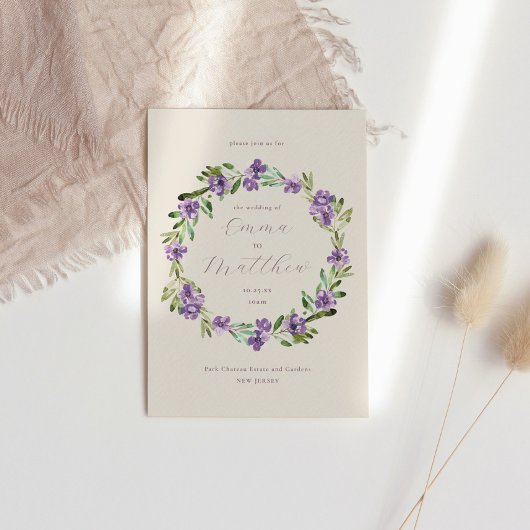 Lavendel Paarse Botanische Krans Bruiloft Kaart