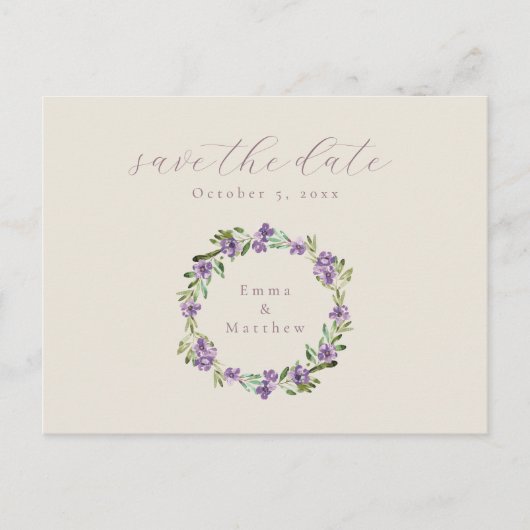 Lavendel Paarse Botanische Krans Sla de Datum Op Briefkaart (Voorkant)