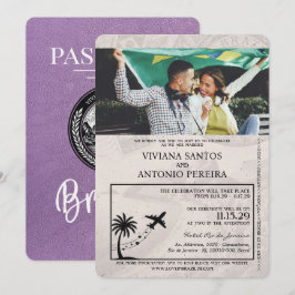 Lavendel Paarse Brazilië Paspoort Huwelijksuitnodi Kaart