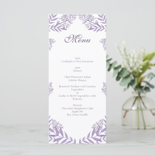 Lavendel Paarse bruiloft botanisch Menu (Staand voorkant)