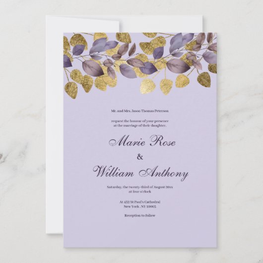 Lavendel paarse bruin gouden gebladerte bloemenbru kaart (Voorkant)