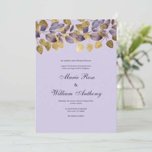 Lavendel paarse bruin gouden gebladerte bloemenbru kaart (Staand voorkant)