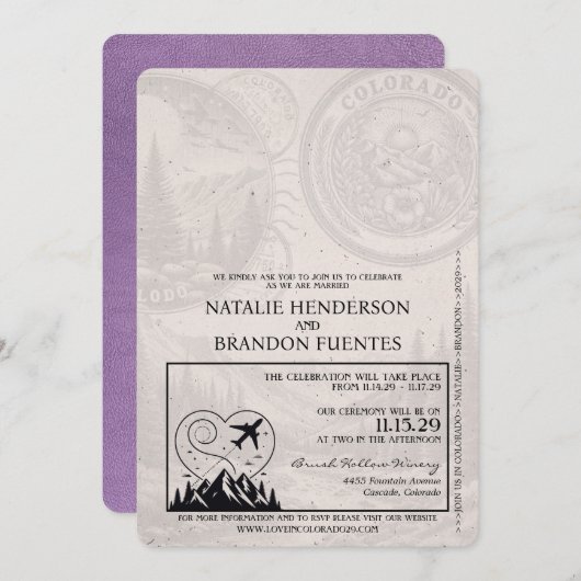 Lavendel Paarse Colorado Passport Wedding Kaart (Voorkant / Achterkant)