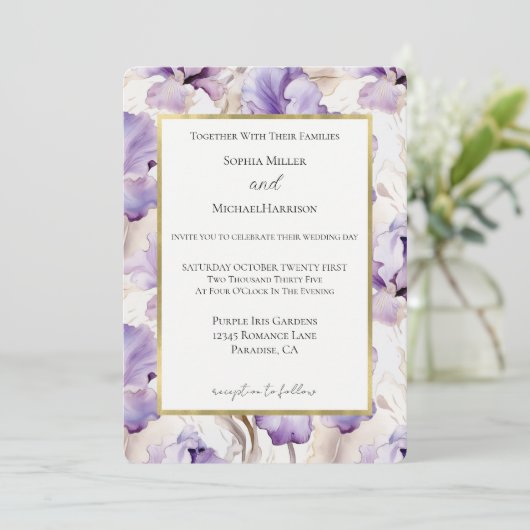 Lavendel Paarse Crème Iris Bloemen Bruiloft Kaart (Staand voorkant)