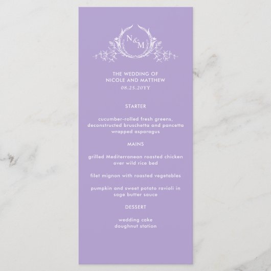 Lavendel Paarse Elegant Monogram Bruiloft Menu (Voorkant)
