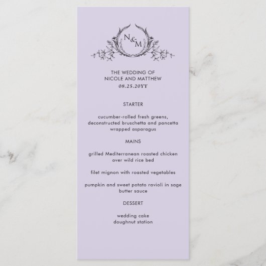 Lavendel Paarse Elegant Monogram Bruiloft Menu (Voorkant)