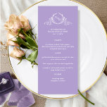 Lavendel Paarse Elegant Monogram Bruiloft Menu<br><div class="desc">Verras uw gasten met dit prachtige huwelijksmenu, met een elegant handgetekend botanisch monogram met de initialen van het paar in het wit over een aantrekkelijke lavendel-paarse achtergrondkleur. Gemakkelijk om de sjabloon in te vullen met je gegevens en menu en je prints te bestellen! Mogelijkheid om de lavendel-paarse "achtergrond-kleur" te veranderen...</div>