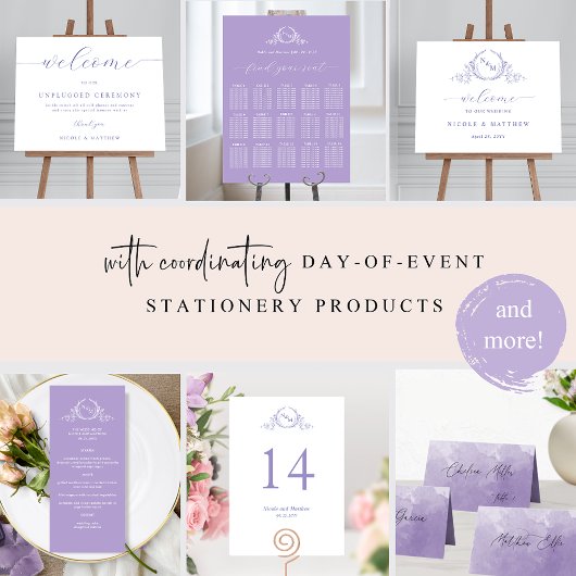 Lavendel Paarse Elegant Monogram Bruiloft Menu