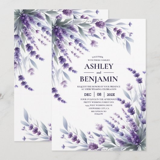 Lavendel Paarse Elegante Bloemen Waterverf Kaart (Voorkant / Achterkant)