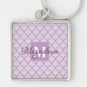 Lavendel Paarse Elegante Damask Monogram & Naam Sleutelhanger (Voorkant)