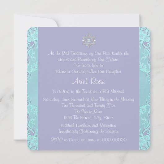 Lavendel Paarse en Blauwgroen Blue Bat Mitswa Kaart (Achterkant)