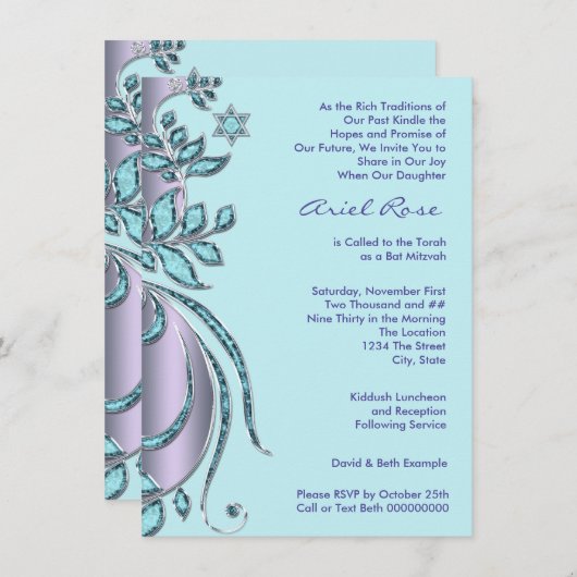 Lavendel Paarse en Blauwgroen Blue Bat Mitswa Kaart (Voorkant / Achterkant)