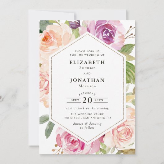 Lavendel paarse en blozen bloemenbruiloft kaart (Voorkant)