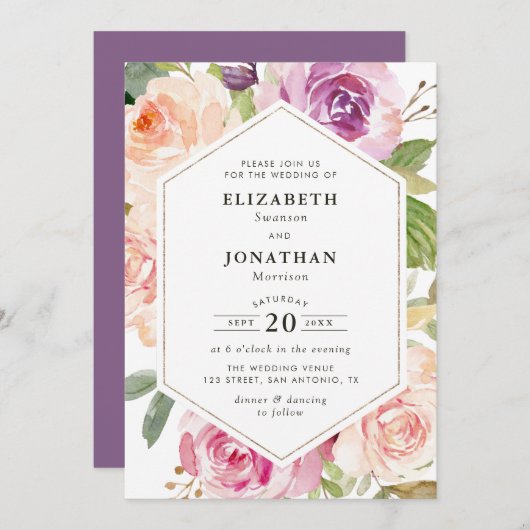 Lavendel paarse en blozen bloemenbruiloft kaart (Voorkant / Achterkant)