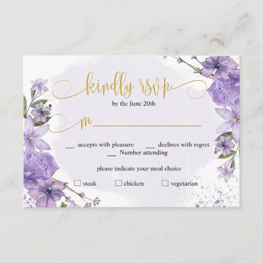Lavendel Paarse en Gouden Sering RSVP Kaart (Voorkant)