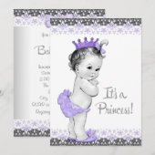 Lavendel Paarse en Grijze Baby Meisje Douche Kaart (Voorkant / Achterkant)