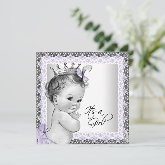 Lavendel Paarse en Grijze Baby Meisje Douche Kaart (Staand voorkant)