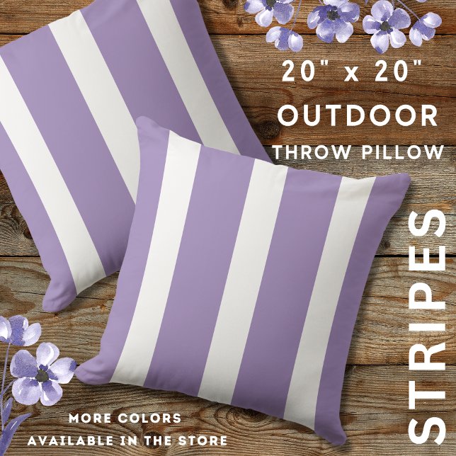 Lavendel Paarse en wit gestreept Buitenkussen (Lavender And White Outdoor Striped Throw Pillows 20" x 20")