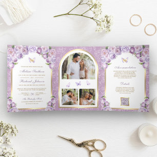 Lavendel Paarse Floral Gold Arch Butterfly Wedding Drieluik Uitnodiging
