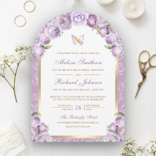 Lavendel Paarse Floral Gold Arch Butterfly Wedding Kaart