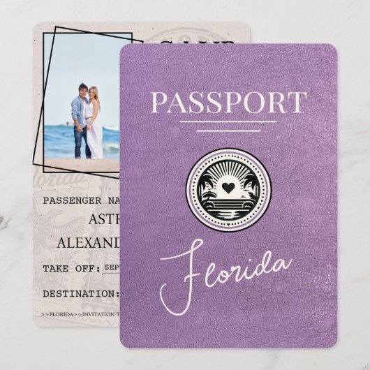 Lavendel Paarse Florida Passport Bewaar de datum Save The Date (Voorkant / Achterkant)