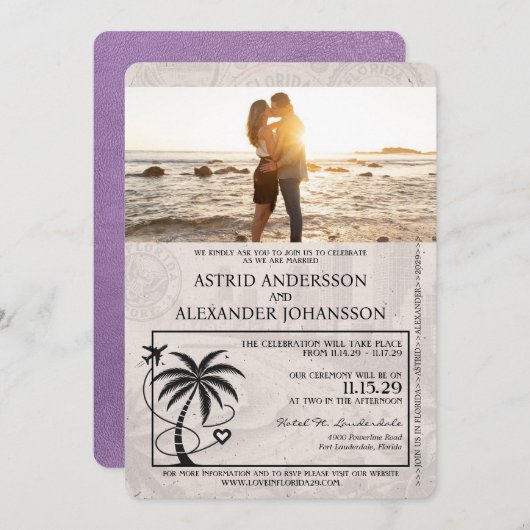 Lavendel Paarse Florida Passport Wedding Kaart (Voorkant / Achterkant)